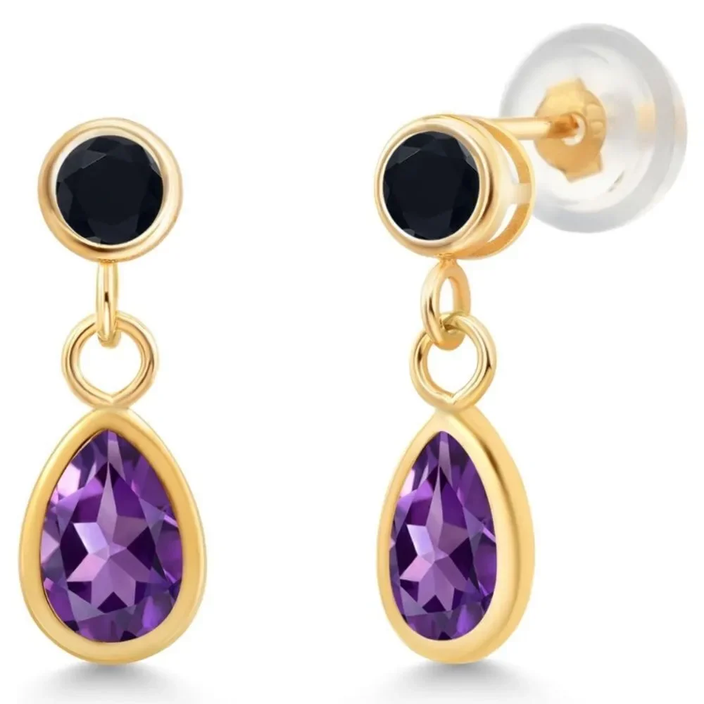 14K Yellow Gold with 0.92 Cttw Amethyst and Black Onyx Post Back Drop Earrings
